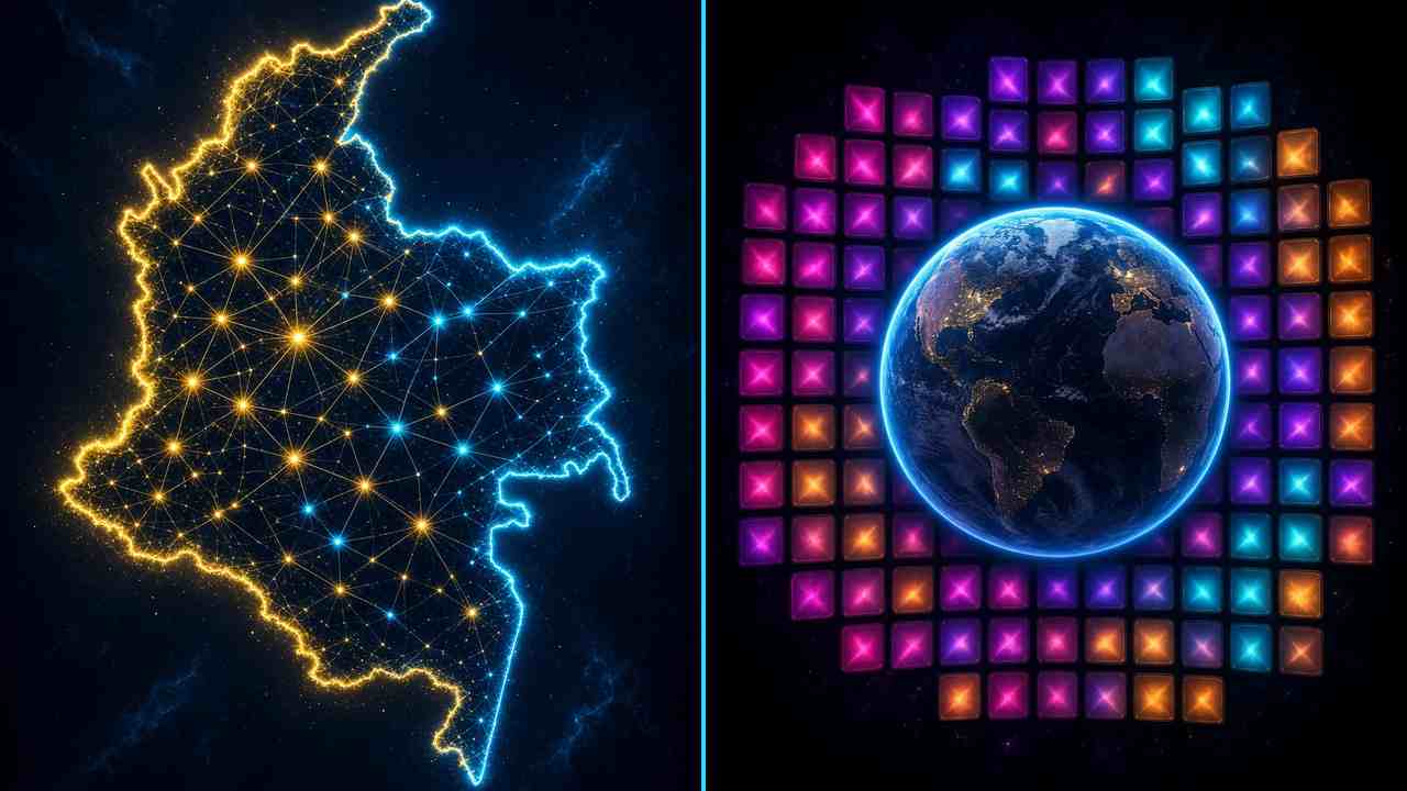 A la izquierda, un mapa estilizado de Colombia trazado con luz dorada y cian sobre fondo oscuro, cubierto por una red de puntos luminosos unidos por líneas finas; a la derecha, un globo terráqueo iluminado de noche rodeado por un mosaico de pequeñas pantallas encendidas con destellos abstractos en magenta, violeta, cian y naranja.