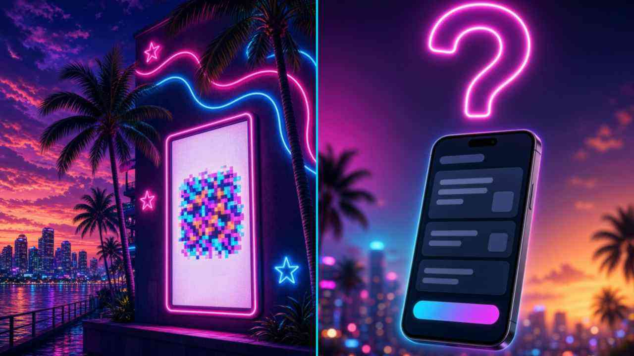 Ilustración de neón en una ciudad costera de noche: a la izquierda, la fachada de un club con palmeras, estrellas y líneas onduladas de neón, y un afiche iluminado con un mosaico de píxeles de colores; a la derecha, un smartphone flotante con una pantalla de suscripción genérica de tarjetas vacías y un botón sin texto, bajo un gran signo de interrogación de neón magenta.