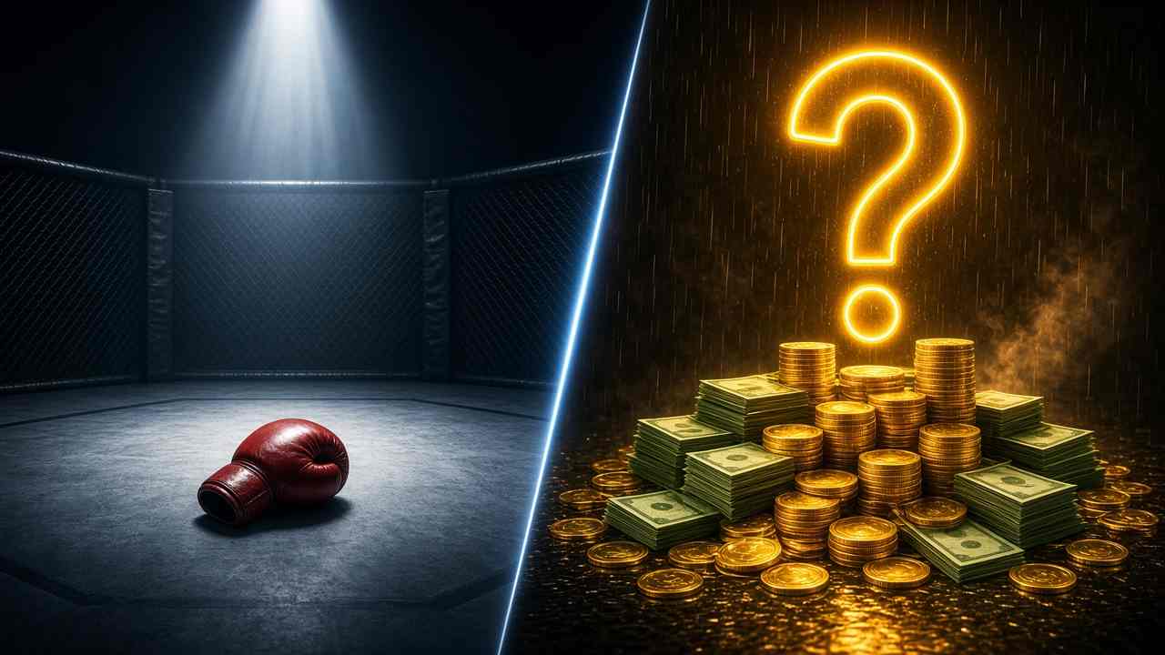 Ilustración conceptual dividida en dos: a la izquierda, un guante rojo de MMA tirado en la lona de un octágono vacío bajo un foco; a la derecha, monedas de oro y fajos de billetes bajo un gran signo de interrogación luminoso.